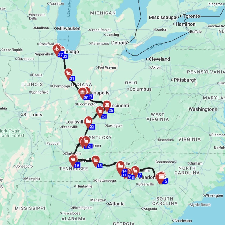 Map for שכירת קראוון לטיול קראוונים בארהב נשארלוט לשיקגו - כולל מסלול מתוכנן מלא